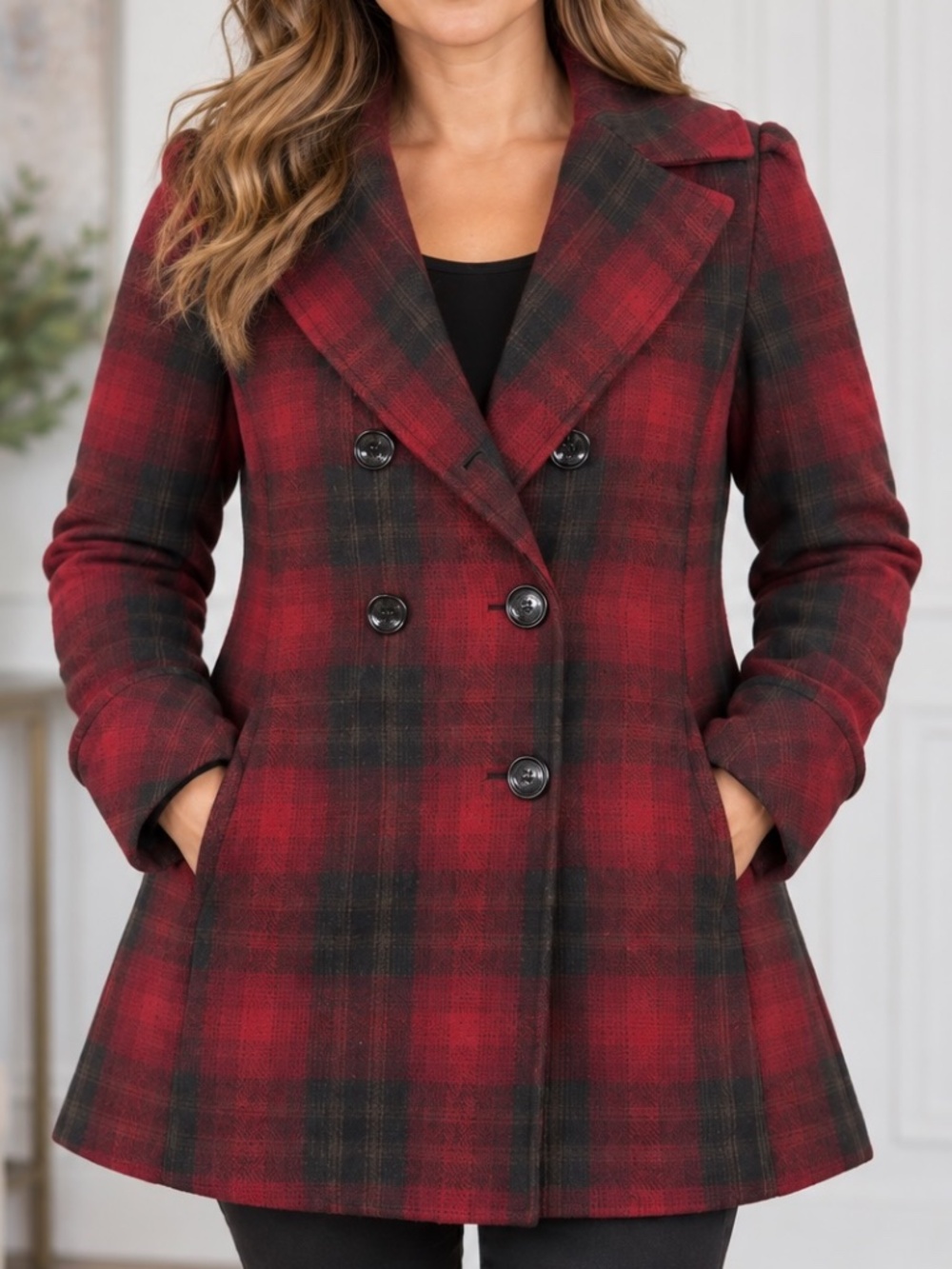 Steve Madden Double Breated Coat Womens Size XL Red Black Buffalo Plaid Wool Ble